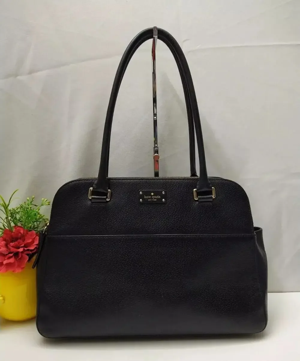 Kate Spade New York Black Leather Carryall Double Handles Zipper Satchel Bag